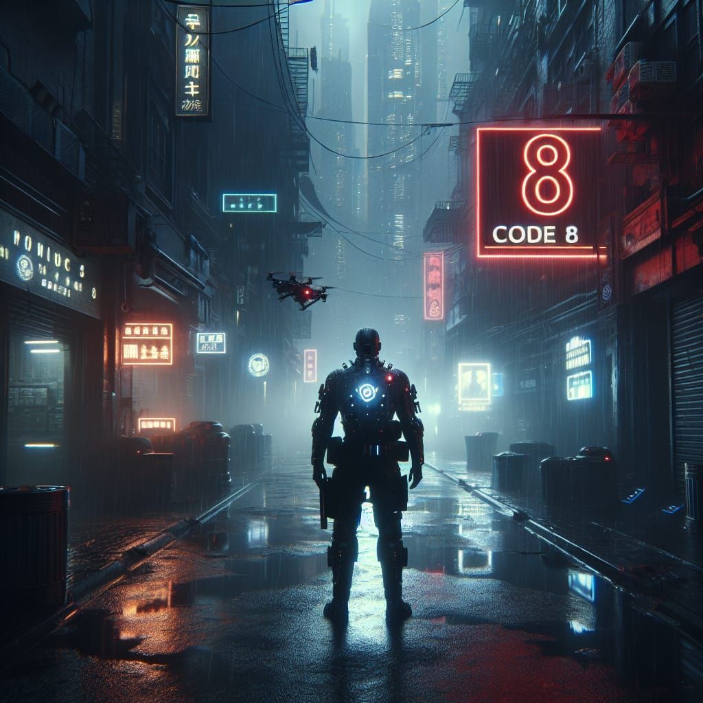 a Code 8 police emergency, set in a dystopian cityscape