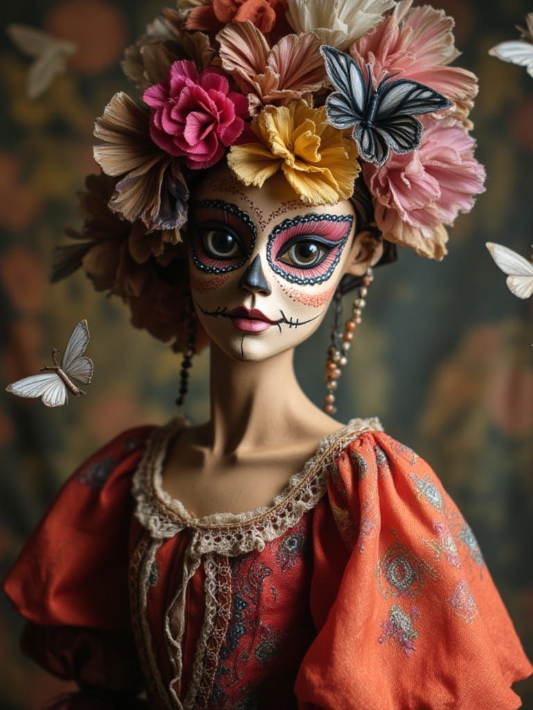 Dia de Los Muertos Woman with Butterflies in Fantasy Scene