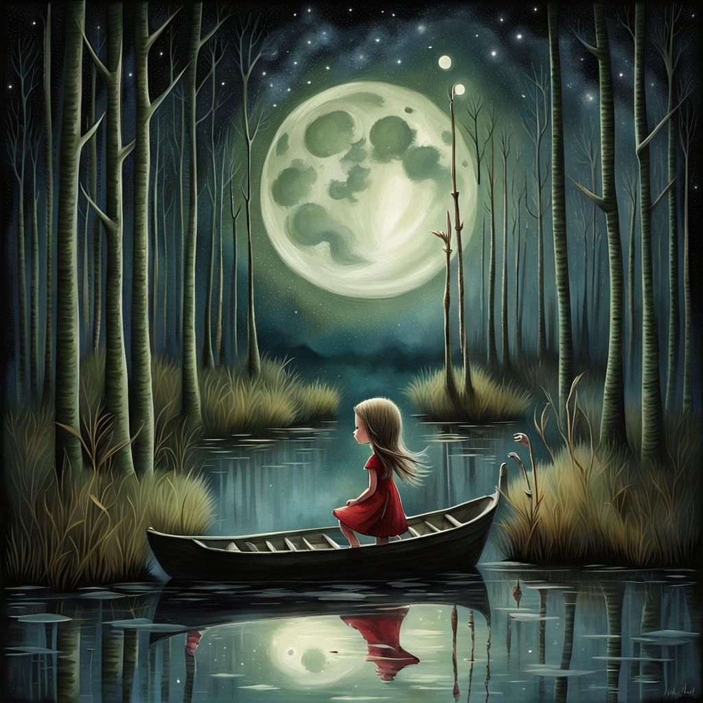 Moonlit Swamp Dreamscape: Whimsical Illustration