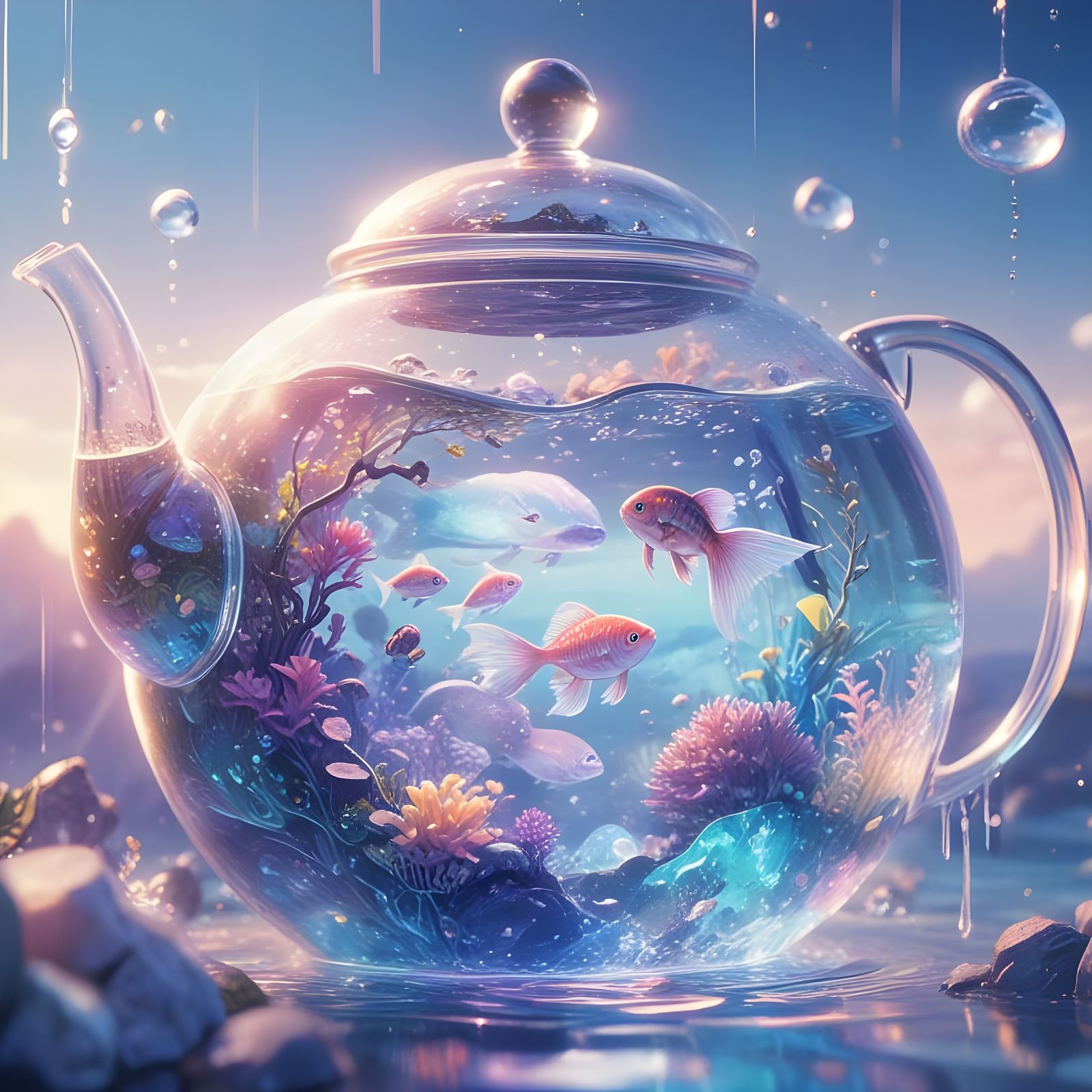 Whimsical Underwater Teapot in Vibrant Anime Style