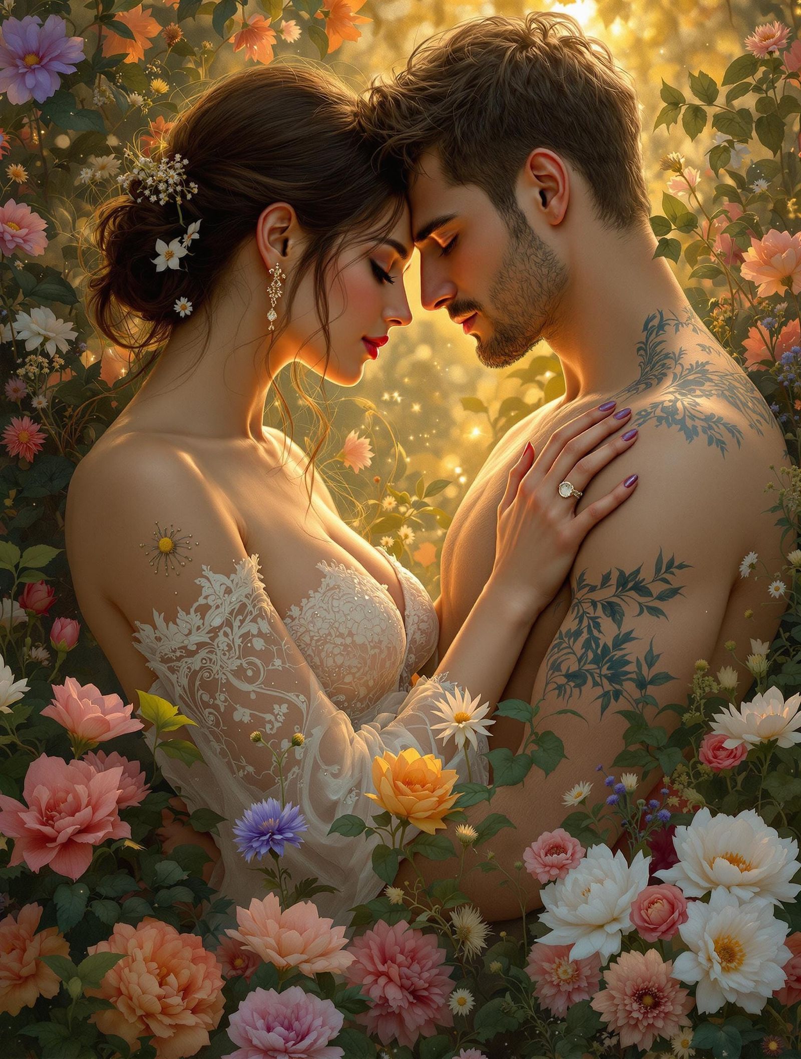 Romantic Couple Embrace in Art Nouveau Style