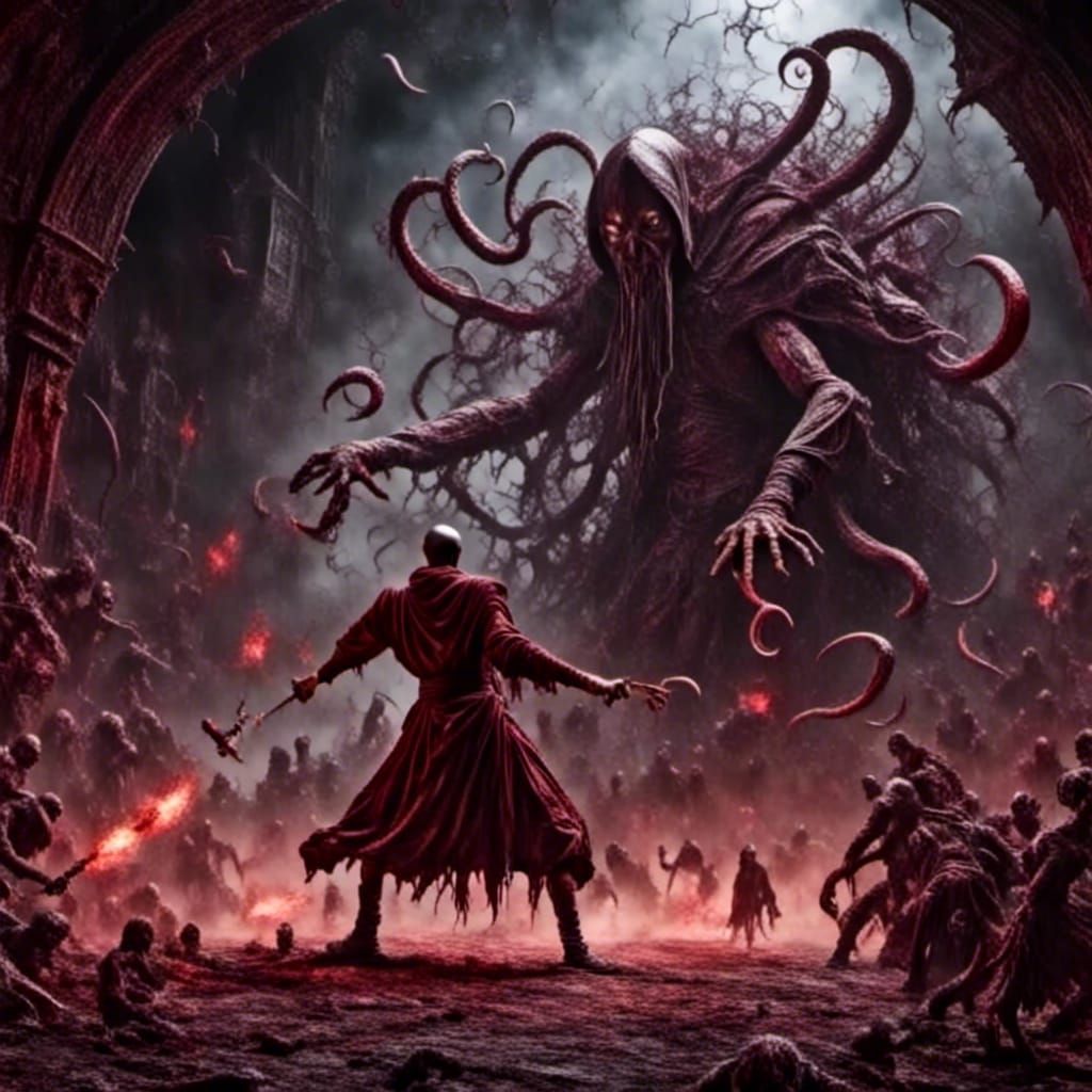 Warrior Monk vs. Mind Flayer in Gritty Horror Style