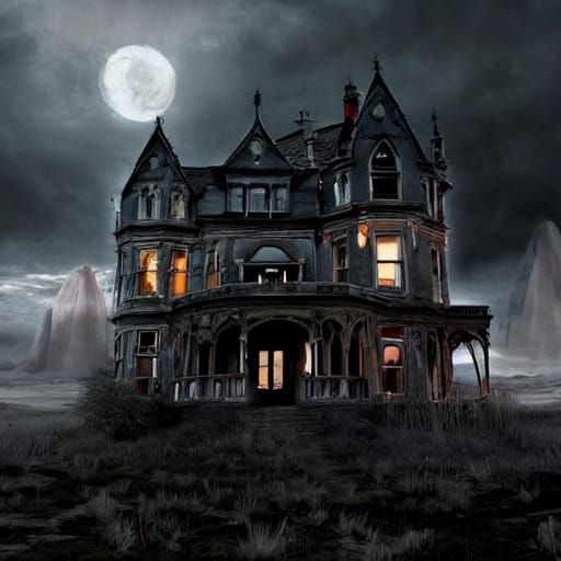 Haunted Victorian Mansion with Spectral Figures in Dark Fant...