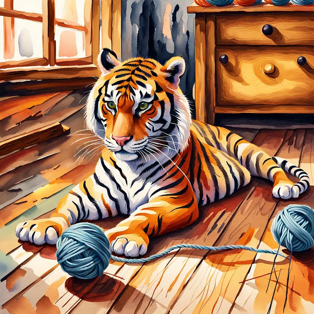 Vibrant Watercolor Tiger Playing with Yarn