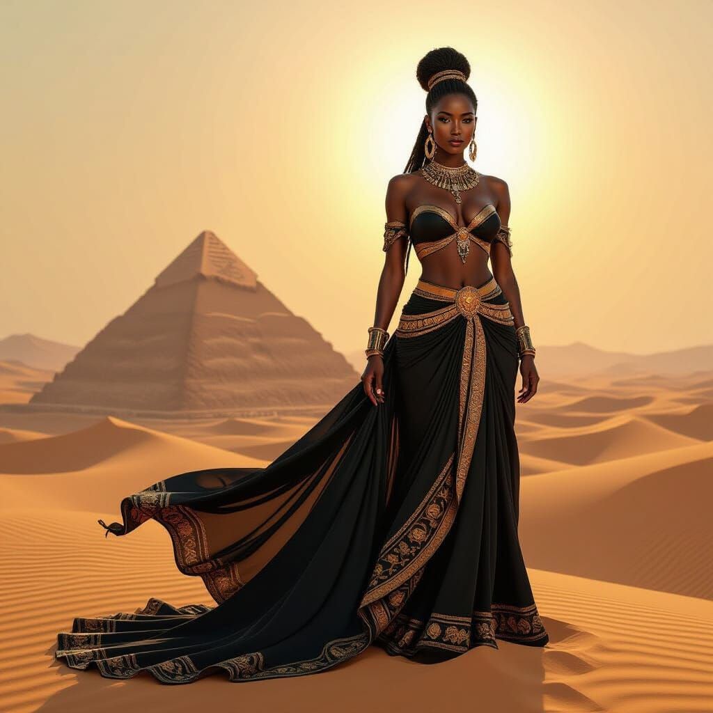 African Goddess on Desert Pyramid in Splash Art Style