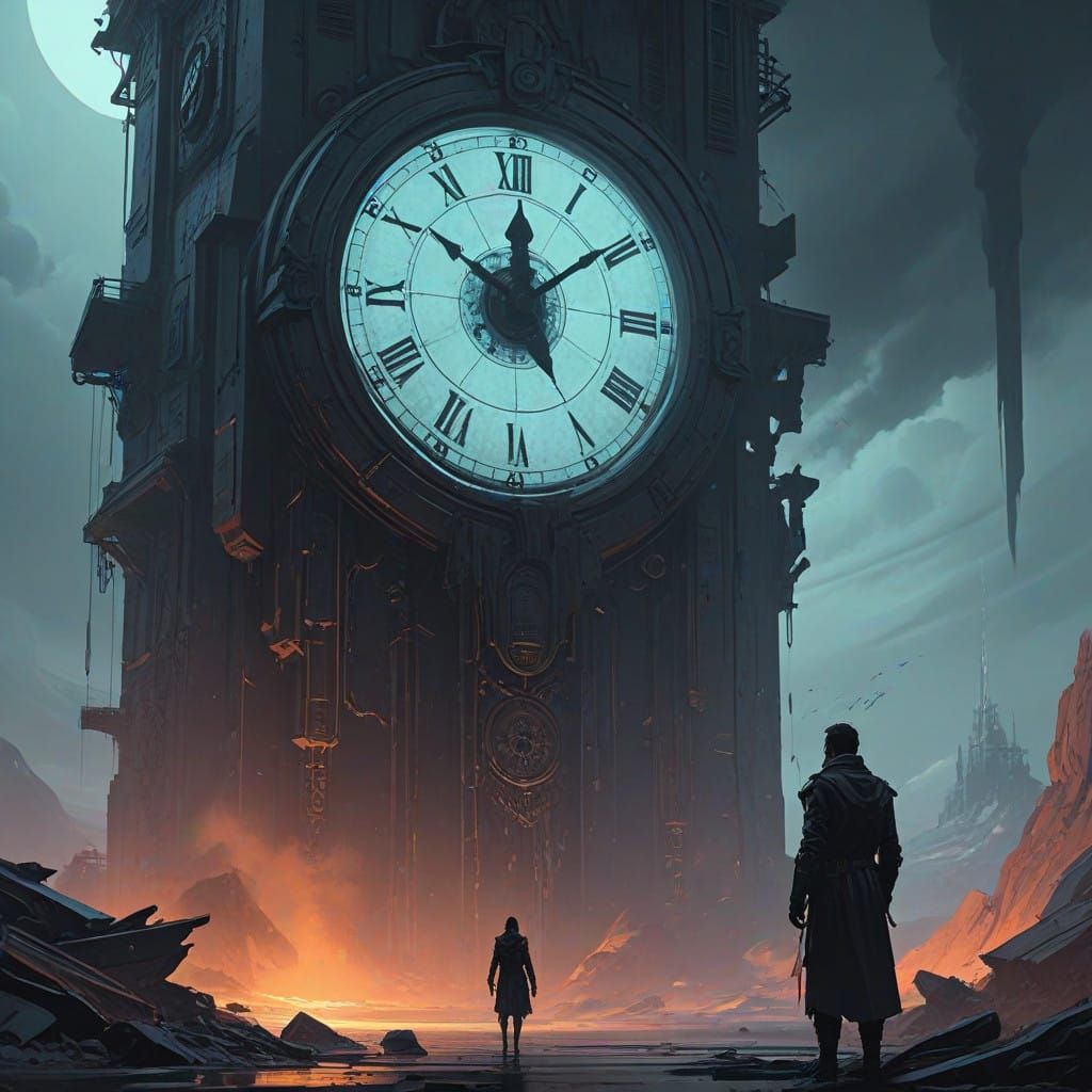 Dark Figure Contemplates Ancient Clockwork in a Cyberpunk Ha...