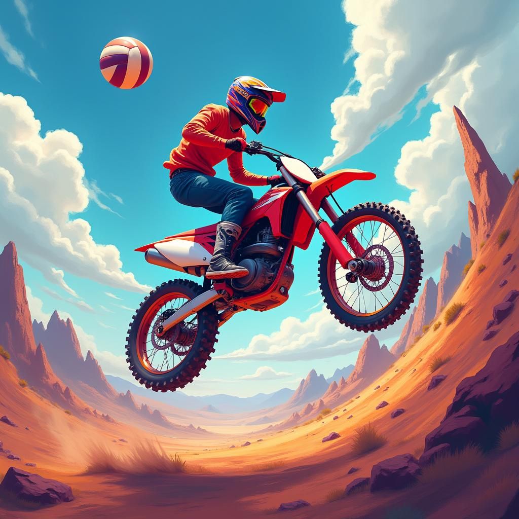 Motocross Rider Volleyball Dreamscape in Acrylic Paint Style