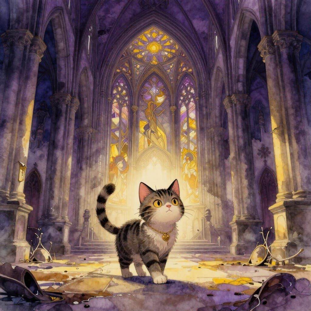 Cute Cat Wanders Abandoned Church in Watercolor Style
