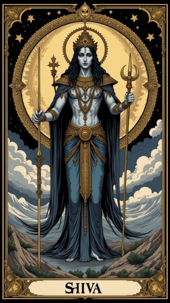 Tarot card of Shiva <lora:Decked:1.0> <lora:Tarot by Durer:1.0> <lora:ADTarotRedux:1.0> <lora:90sToonFlux:1.0>