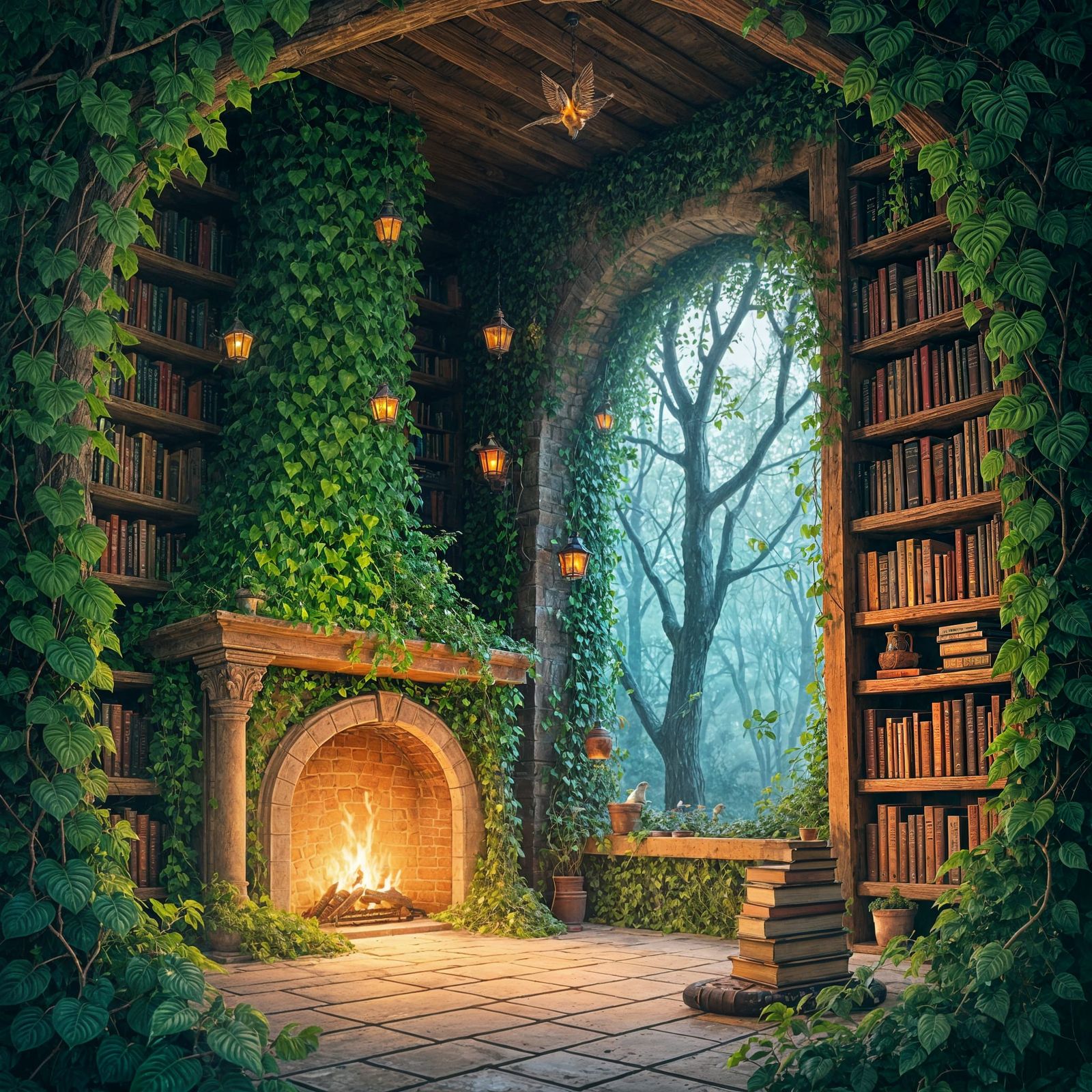 Magical Reading Room with Books and Lush Greenery