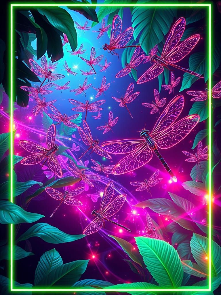 Lush Gardenscape with Giant Dragonflies in Flight