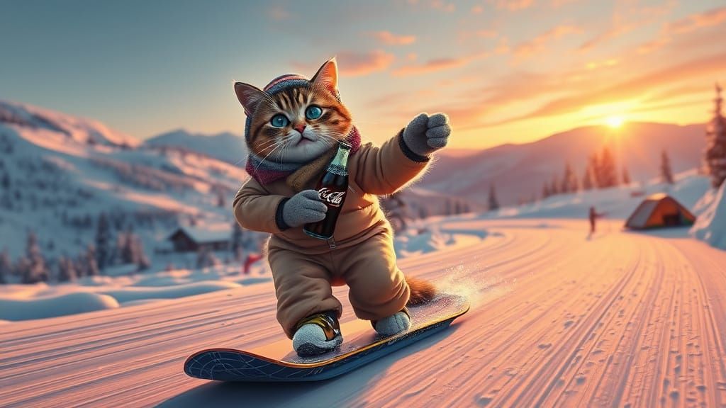 Majestic Cat Rides Snowboard Down Snowy Mountain Road at Sun...