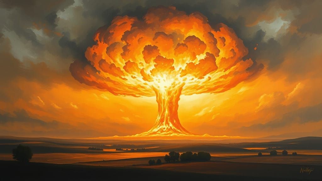 Surreal Mushroom Cloud Devours Idyllic Rural Landscape in Ap...