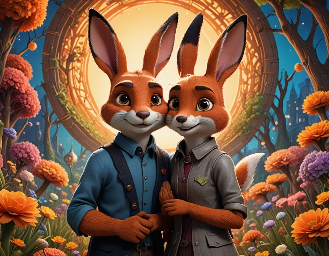 Stylized Cartoon Lovers in Vibrant Radial Gradient Landscape