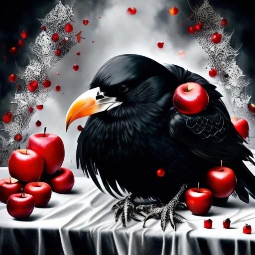 Crow and Apples Still Life with Dark Feathers