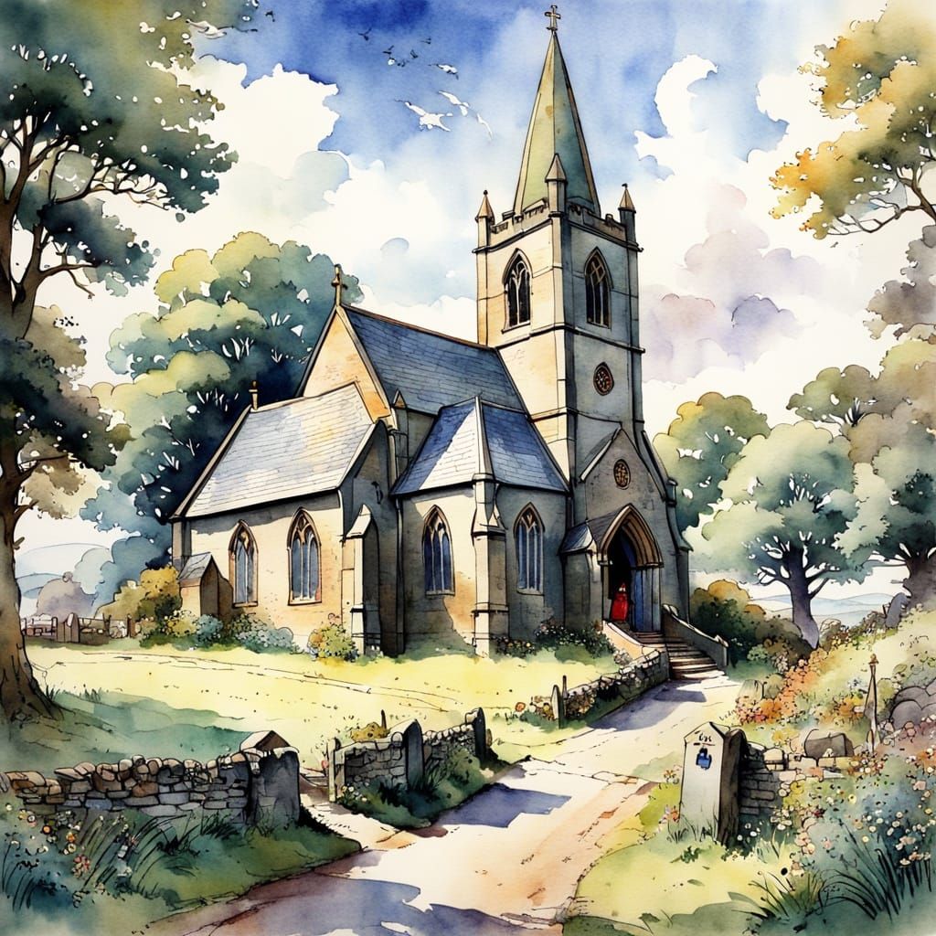 Charming Cornwall Church in Watercolor Illustration