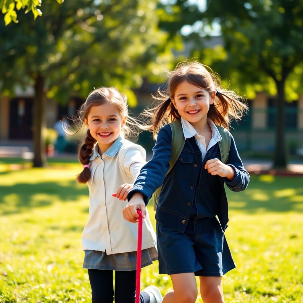 Joyful Schoolgirls Jump Rope in Lush Green Schoolyard