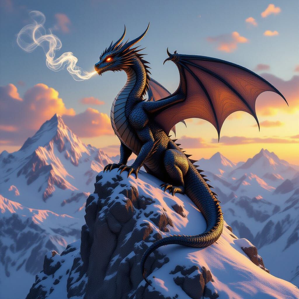 Obsidian Dragon on Alpine Peak at Golden Hour