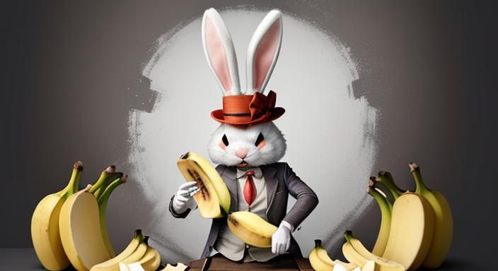 Cartoon Rabbit Splits Banana with Hatchet