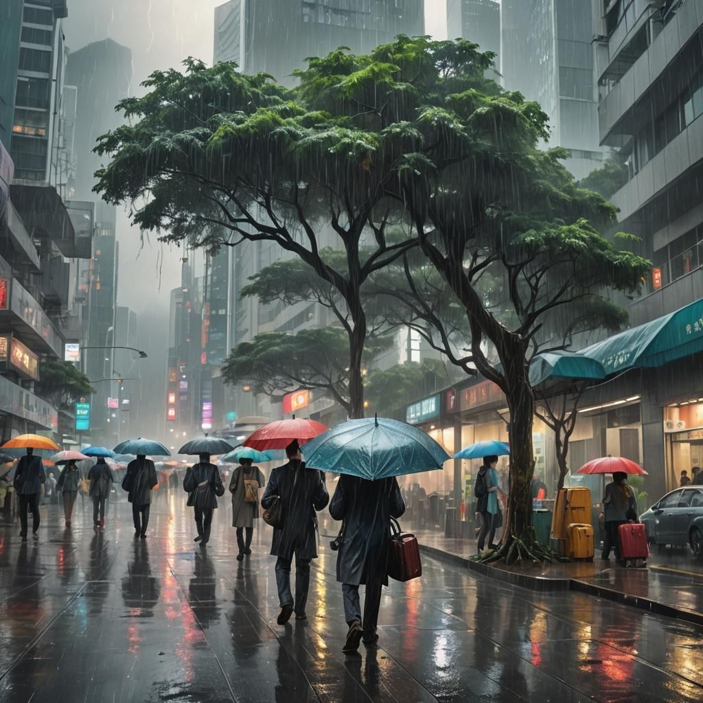 Hong Kong Cityscape in Heavy Rain