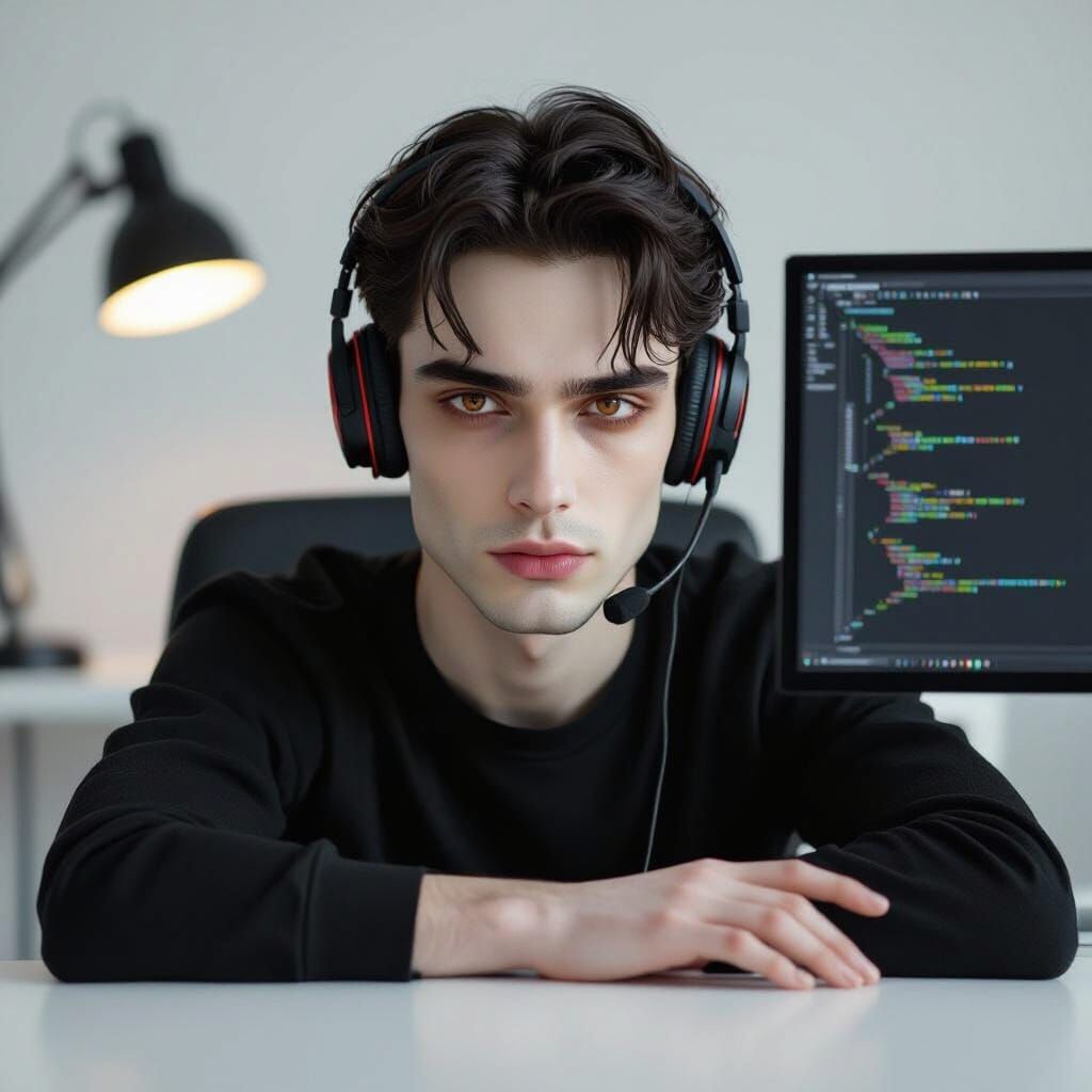 Alluring Young Man with Pale Skin and Red Eyes