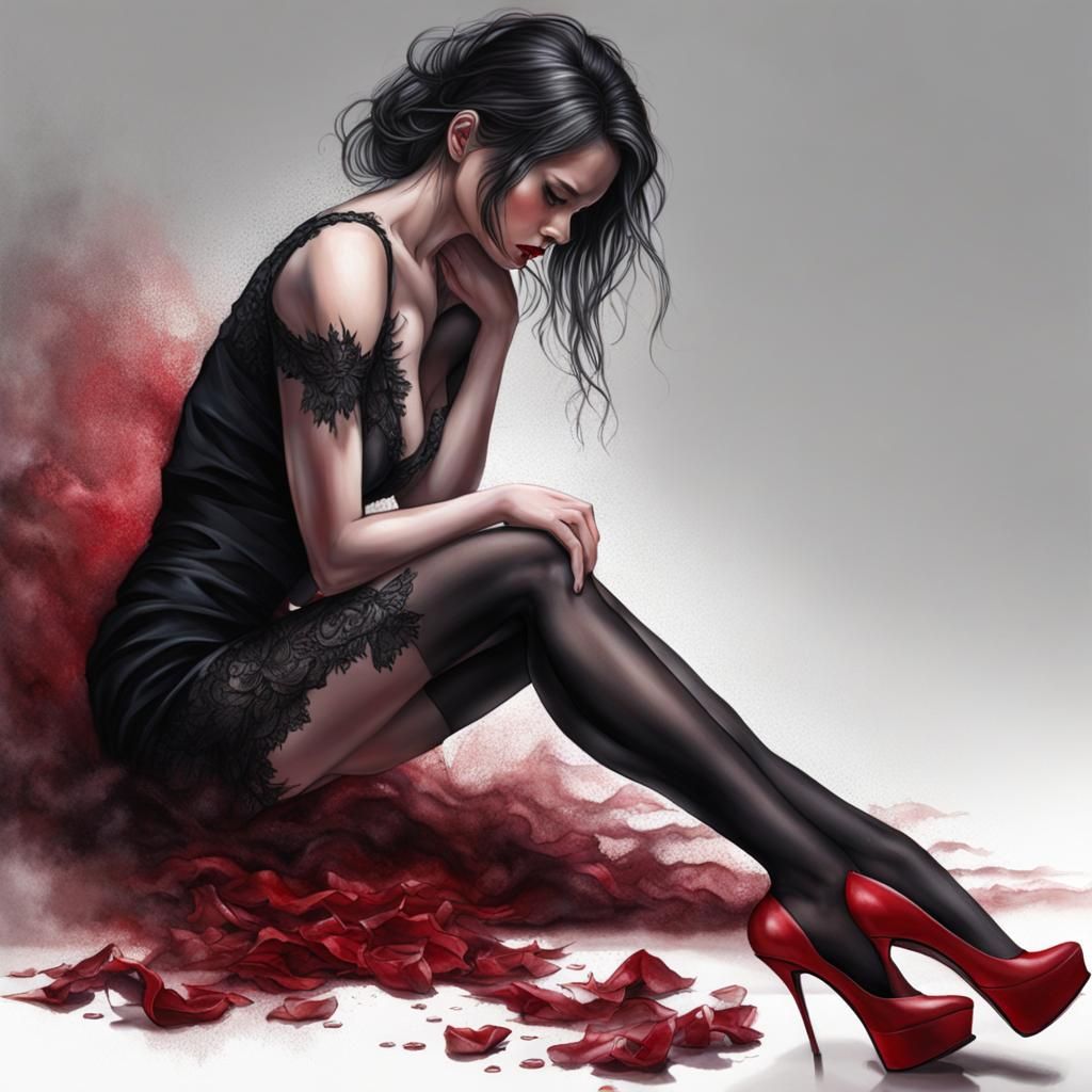 Sad Woman in Red Heels: Hyperrealistic Digital Art