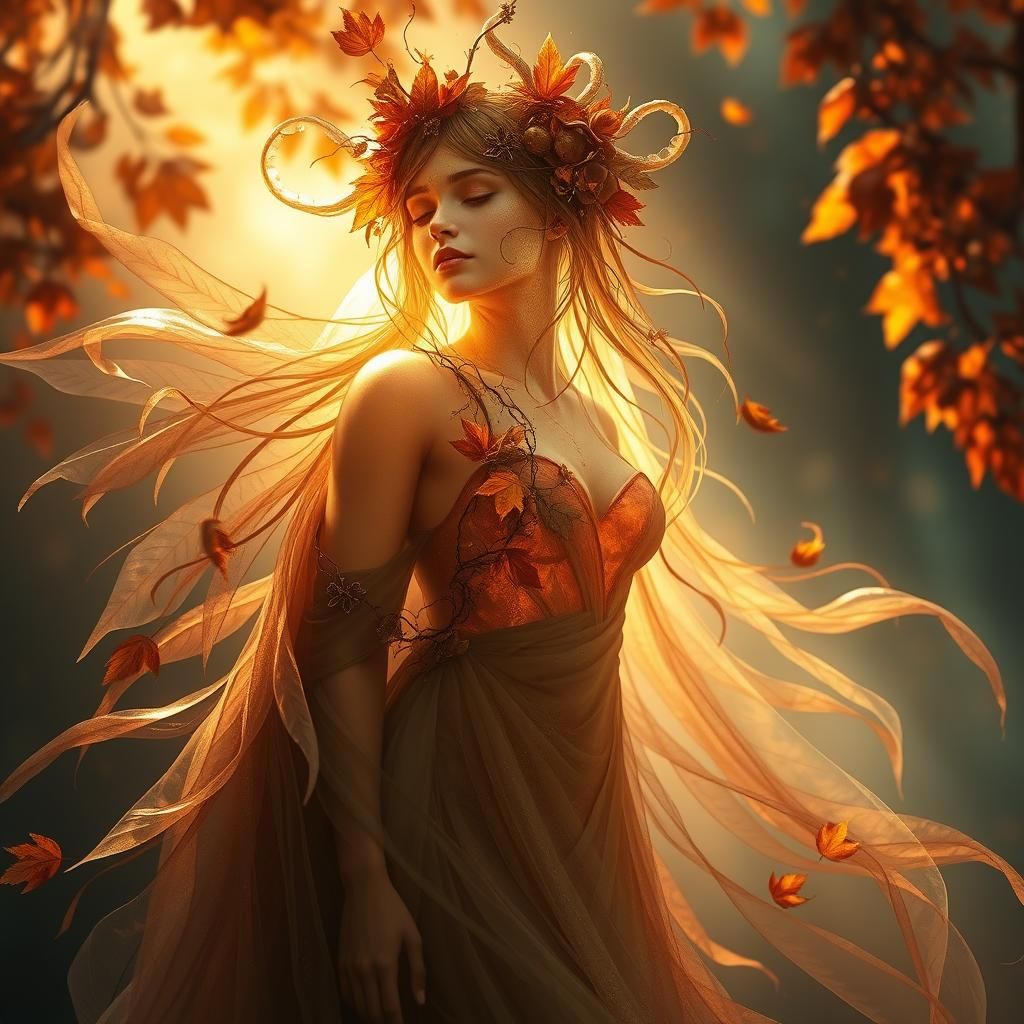 Ethereal Autumn Goddess Glass Figurine in Golden Light