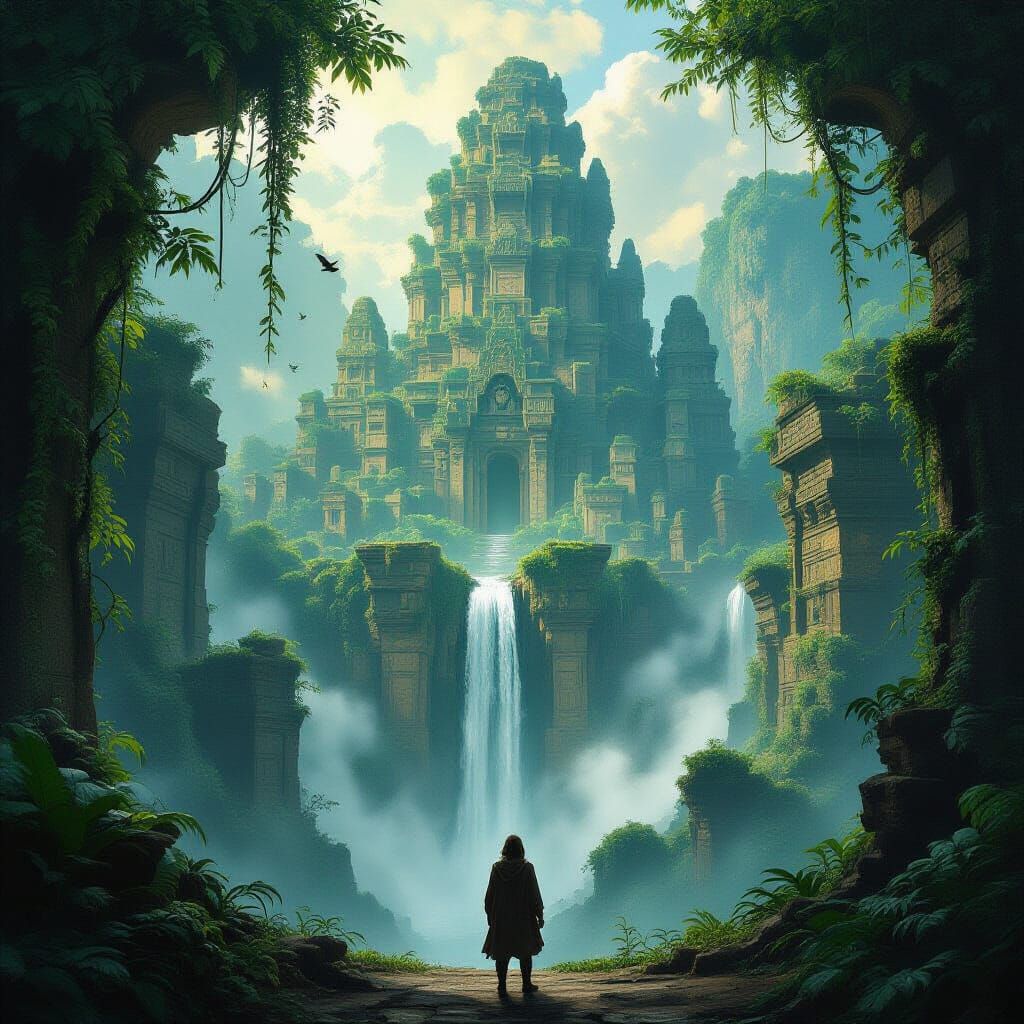 Explorer Views Nature-Swallowed City in Fantasy Concept Art