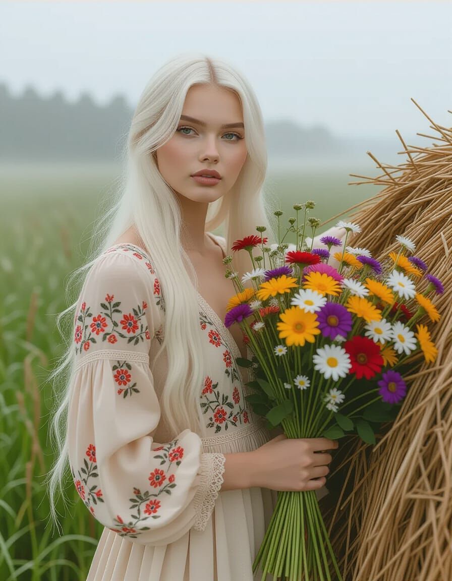Slavic Woman with Flowers in Realistic Style
