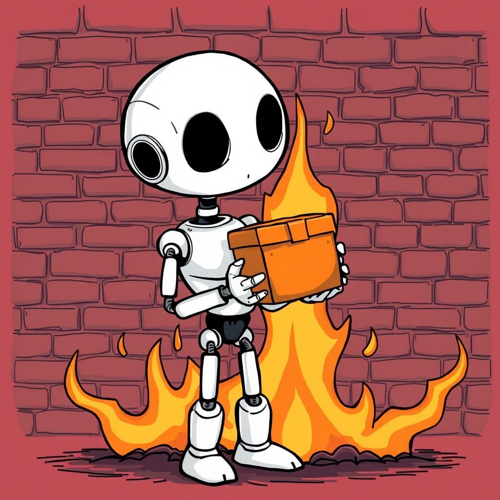 Robot and Fire: A Tim Burton Cartoon Illustration