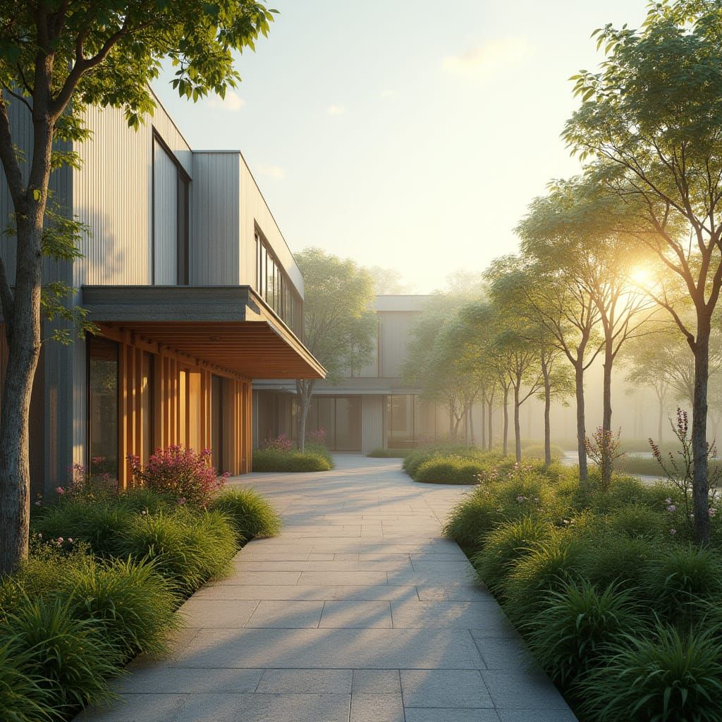 Modern Architectural School Blending with Nature at Sunrise