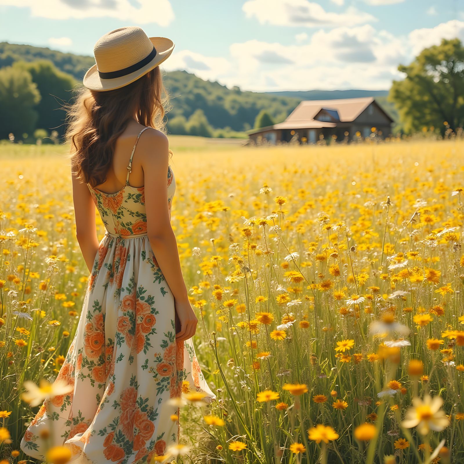 Woman Gazing at Farmhouse in Golden Light