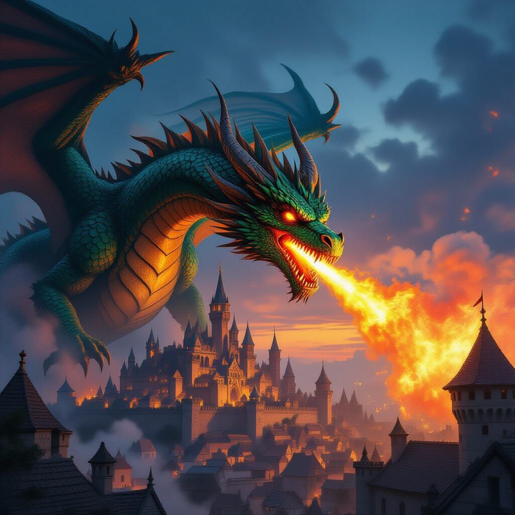 Colossal Dragon Sets Medieval City Ablaze in Twilight