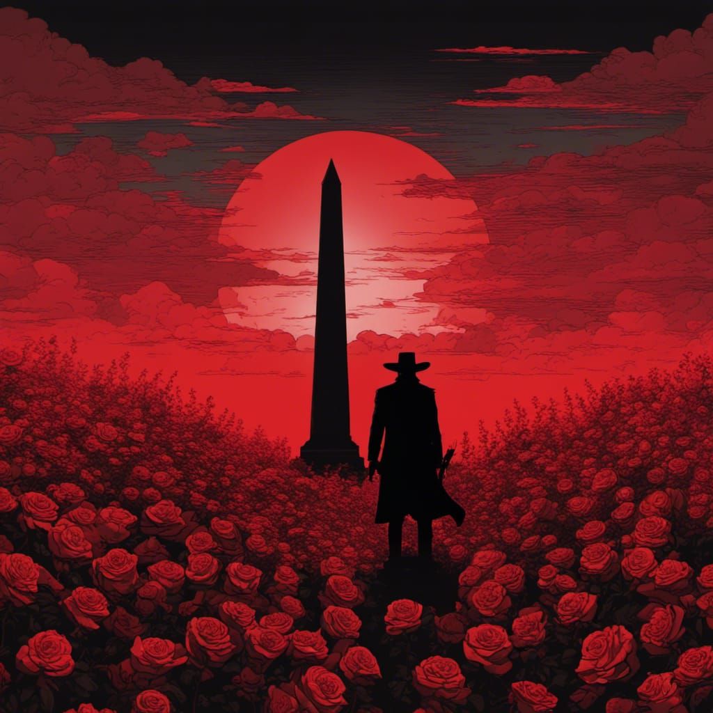 Gunslinger Silhouette with Red Roses and Black Obelisk