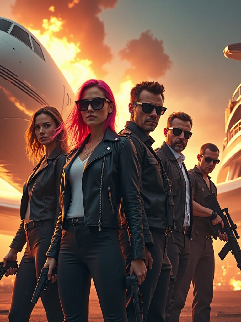 Dynamic Heroes Face Chaos in Burning Cityscape