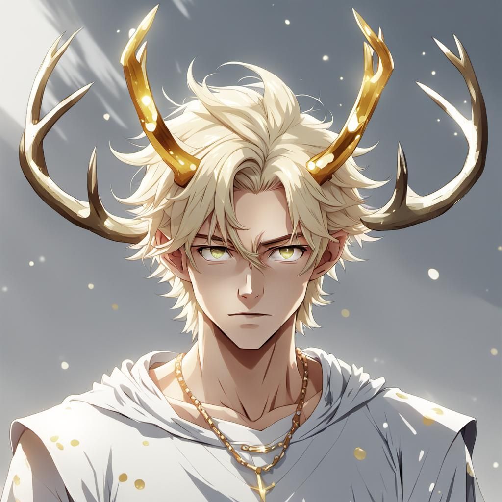 Anime Style Teenager with Antlers and Golden Bracelet