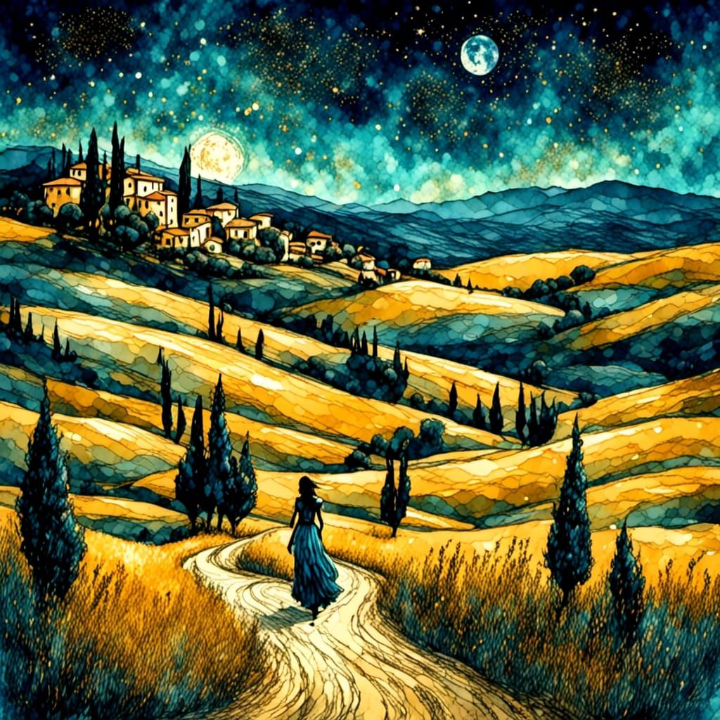 Lonely Traveller in Tuscany Ink Landscape