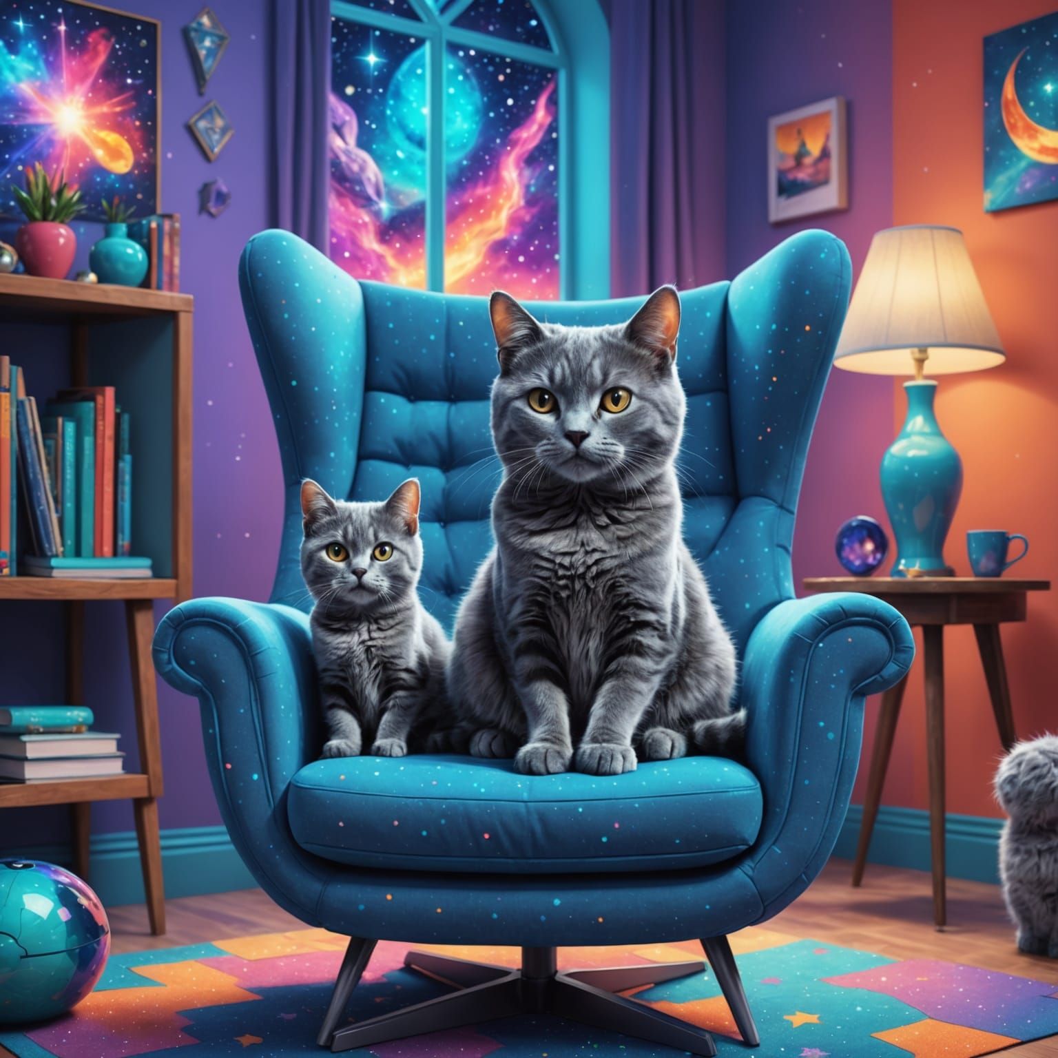 Gray Cat and Kitten in Colorful Room, Astral Illustration