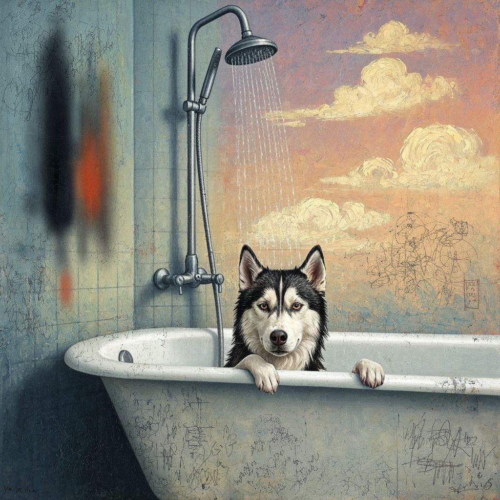 Shivering Husky in Bathtub, Abstract Textured Style