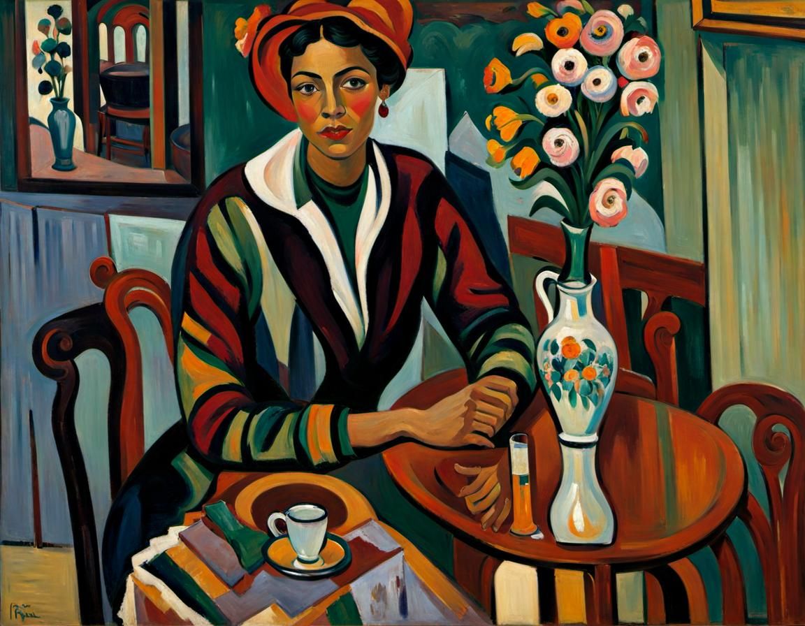 Woman in Cafe: Expressionist Painting of Loneliness
