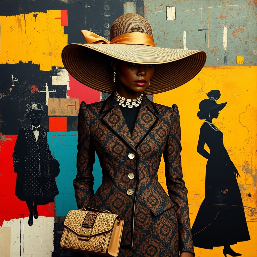 Elegant Woman in High Fashion Outfit, Mixed-Media Art