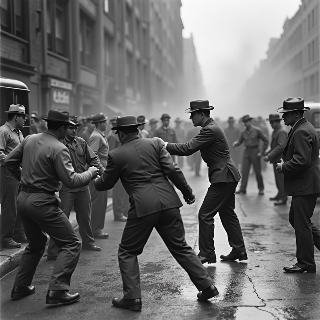 Detroit 1930s Street Riot in Industrial Setting