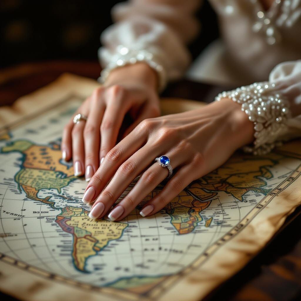 Elegant Hand with Sapphire Ring in Oil Painting Style