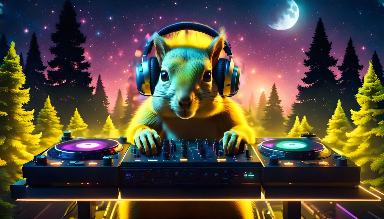 Squirrel DJ in Forest Under Nebula Moon