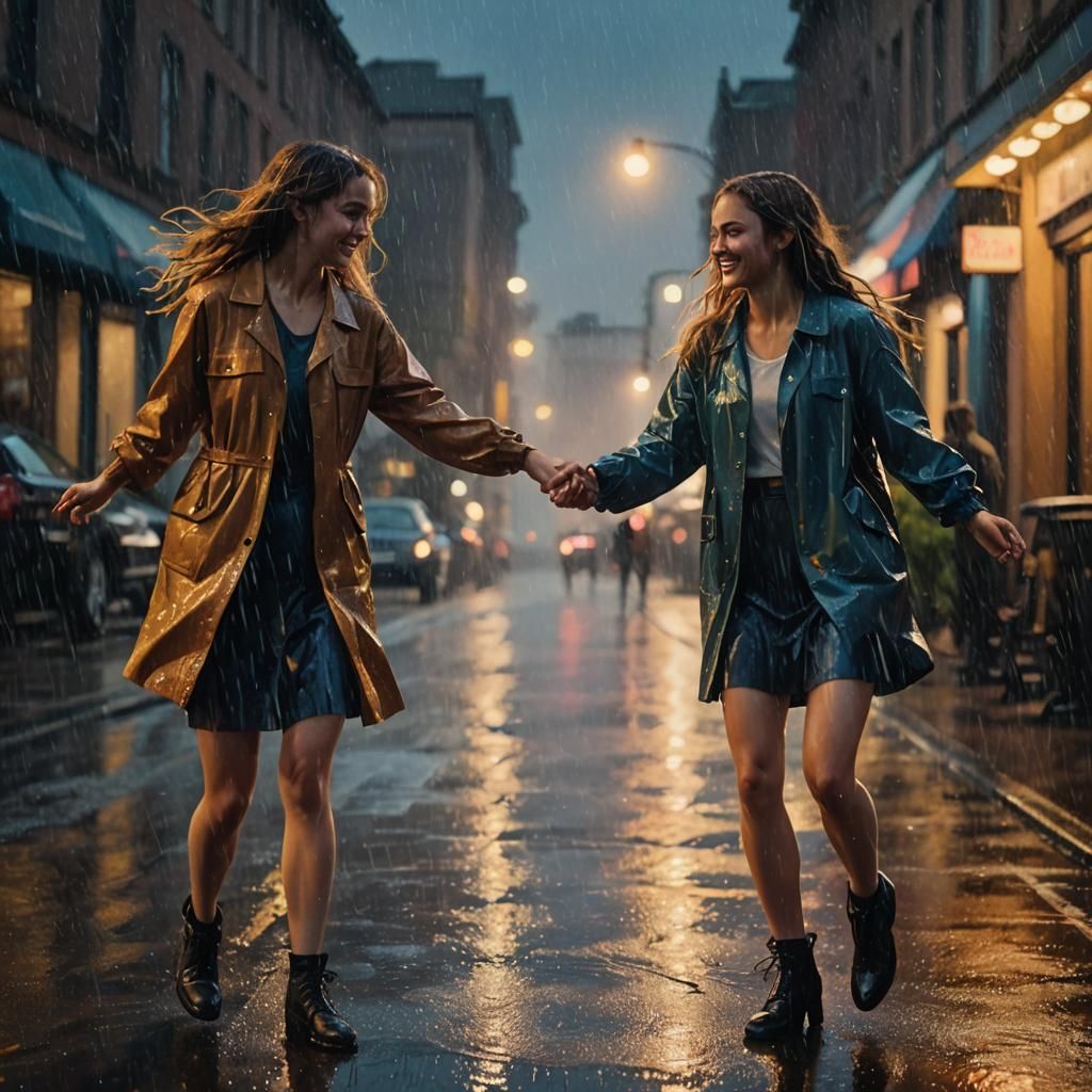 Girls Dancing in the Rain: Cinematic Oil Painting
