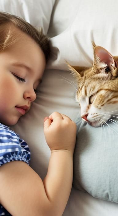 A cute white cat and a blonde baby sleep on the bed