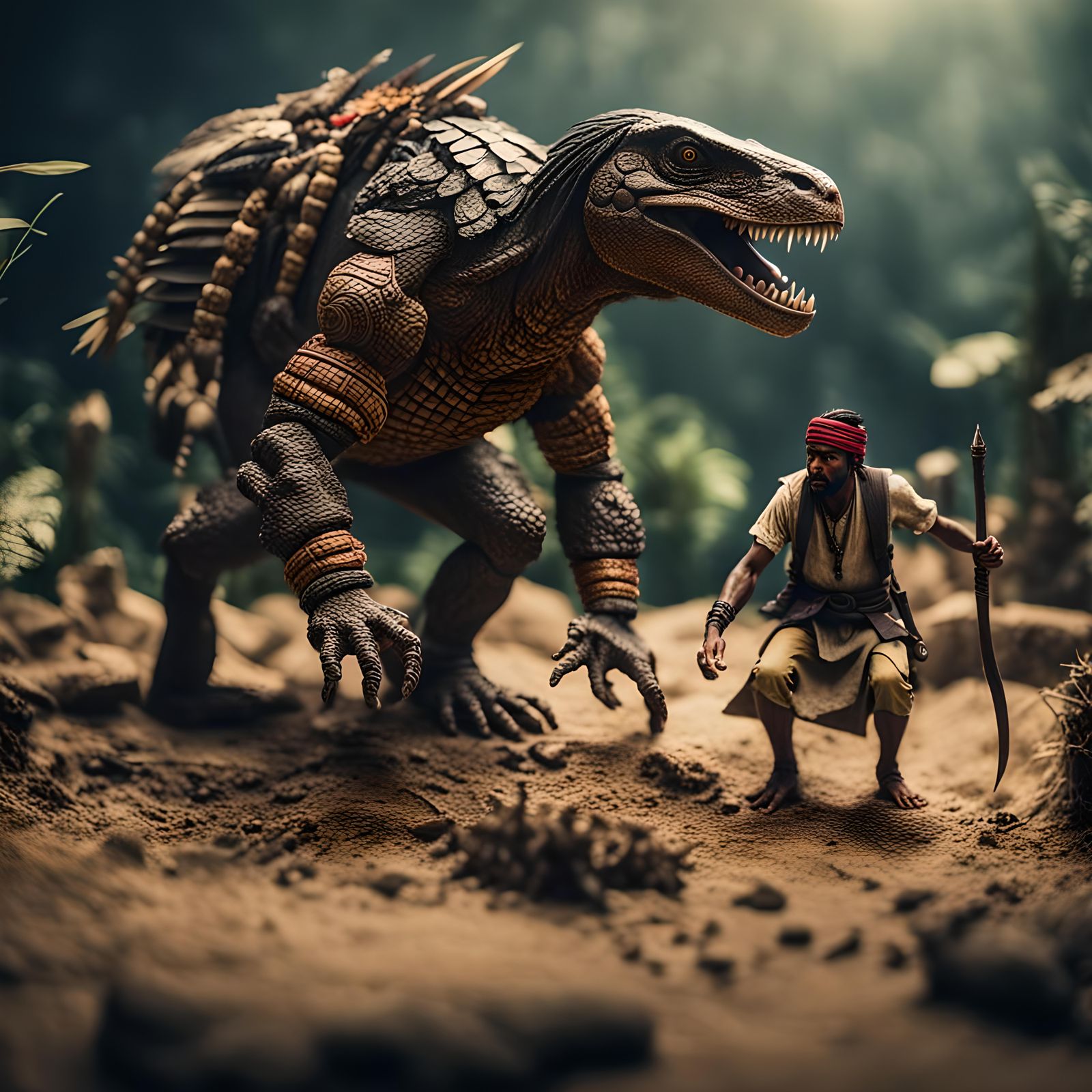 Tribal Hunter Pursues Tiny Businessman: Cinematic Still