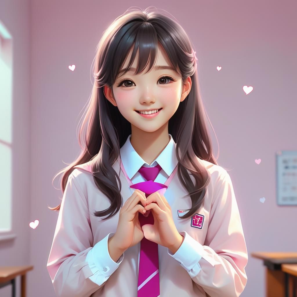 Sweet Korean Girl with Heart Hands in Anime Style