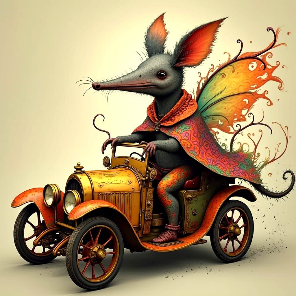 Steampunk Aardvark-Faerie Drives Vintage Car