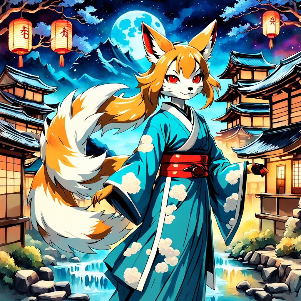 Nine-Tailed Kitsune in Retro-Futuristic Japanese Village
